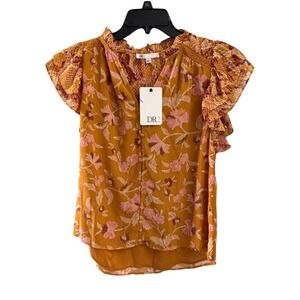 DR2 Mustard Floral Ruffle Sleeve V Neck Button Up Blouse Women Size Small NWT